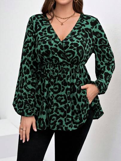 SHEIN Clasi Plus Size Leopardmönstrad V-ringad Långärmad T-shirt