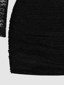 SHEIN Tween Girl Fitted Elegant Off Shoulder Lace Long Sleeve Snug Fit Dress Fall Winter - Black - View 5