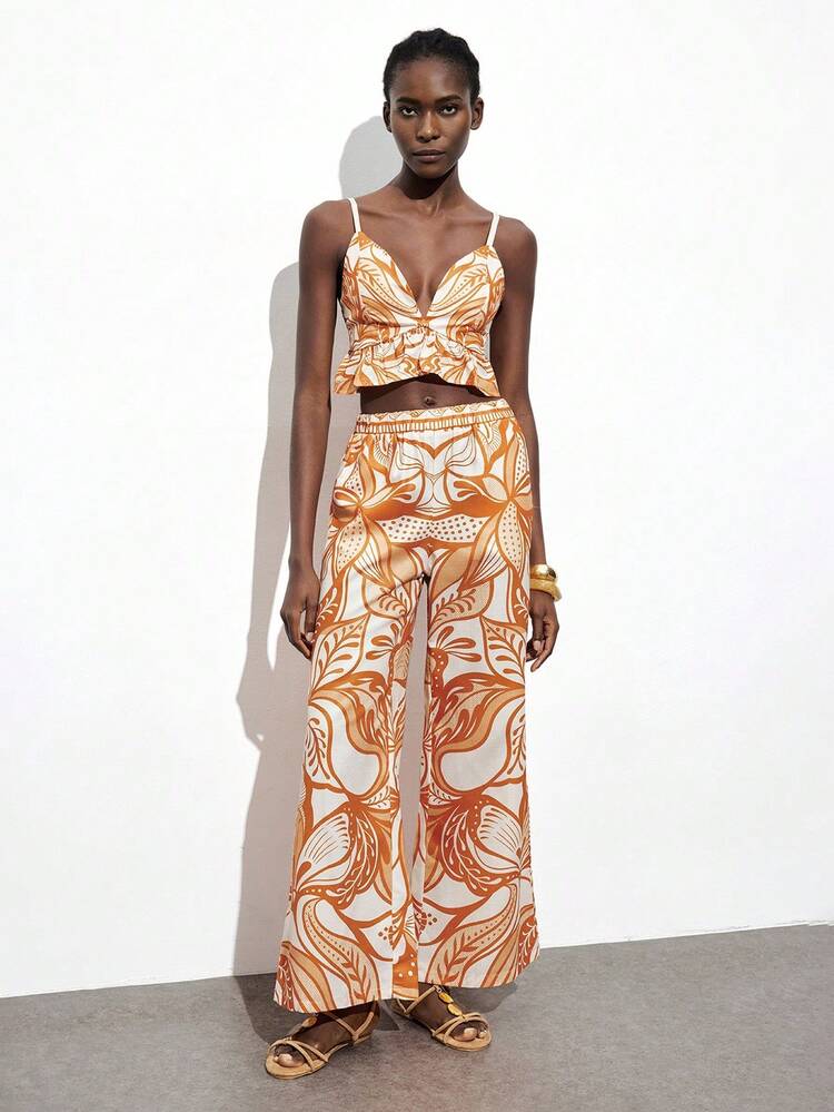 SHEIN Maija Women's Floral Print Elastic Waist Slant Pocket Pants, Urban Commute Business Casual Trousers, Basic Wide Leg Pants, Women's Beach Pants Bohemian Style Island Resort Vintage  Beach Outfits For Women Flower