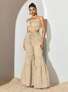 Sirith Conjunto de 2 piezas de camiseta de tirantes con volantes y pantalones anchos de patchwork de unicolor para mujer, conjunto de verano, traje casual de mujer, ropa de vacaciones de verano