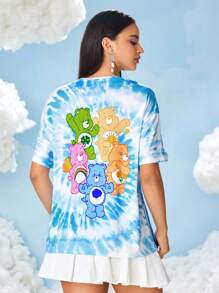 SHEIN X Care Bears 女士休闲扎染熊印花圆领短袖T恤，夏季 - 藍色 - 查看 1