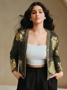 Anewsta Cardigan vintage bordado floral plus size - Preto - Ver 7