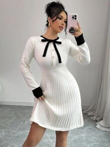 Selianne 1pc High Waist Apricot Colorblock Knitted Long Sleeve Dress With Black Bowknot , Round Neck, Autumn/Winter Fall Cloth For Women - Multicolor - View 4