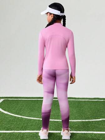 JNSQ Tween Girl 3-delat sportset: Batikstickat, resårbeskuret linne, högmidjade leggings och långärmad sportjacka, lämplig för höst/vinter, vardagskläder, utomhusaktiviteter, semester, streetwear, fest och fritid