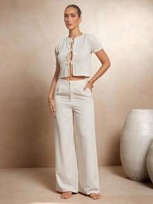 L'Amorae 女士针织开衫 Old Money 前系带上衣 - 杏色 - 查看 4