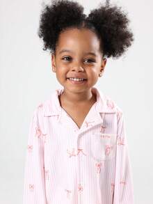SUMWON Girls Bow Print Striped Pajama Set Short Sleeve Button Up Summer Sleepwear Kids Comfortable Wear Nightwear Set Pink Fall Winter For Casual And Vacation - Multicolor - View 5