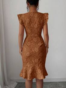 Elenzga Váy đi làm bằng vải jacquard cổ vuông tay lửng thanh lịch dành cho nữ, mùa hè - màu nâu - Xem 2