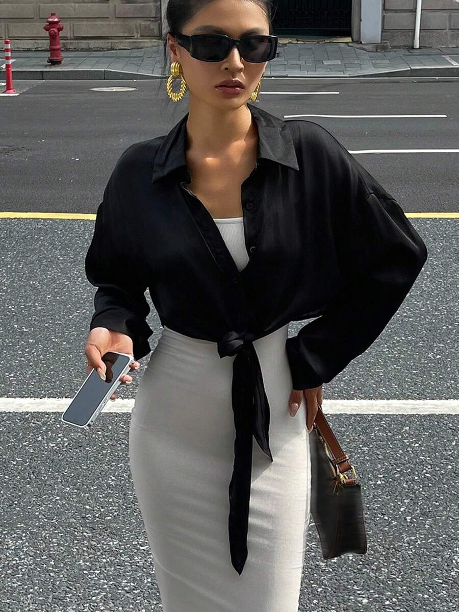 DAZY Camisa de mujer con diseño de cinturón, unicolor, manga larga - Negro - Ver 1