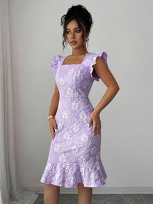 Elenzga Váy đi làm Jacquard thanh lịch, mùa hè - Màu tím - Xem 4