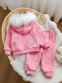 2pcs Baby Girl Cute Pink Long Sleeve Hooded Sweatshirt With Furry Collar And Elastic Waist Pants Set, Comfortable, Versatile, Fashionable Casual Basic Outfit, Suitable For Indoor, Outdoor Leisure, Skiing, Back To School, Daily Wear, Sports, Play, Party In Autumn/Winter Season - Pink - View 2