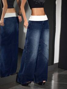 Jeanoix Women's Loose Casual Versatile Ultra Low Waist Wide Leg Jeans - Dark Wash - View 6