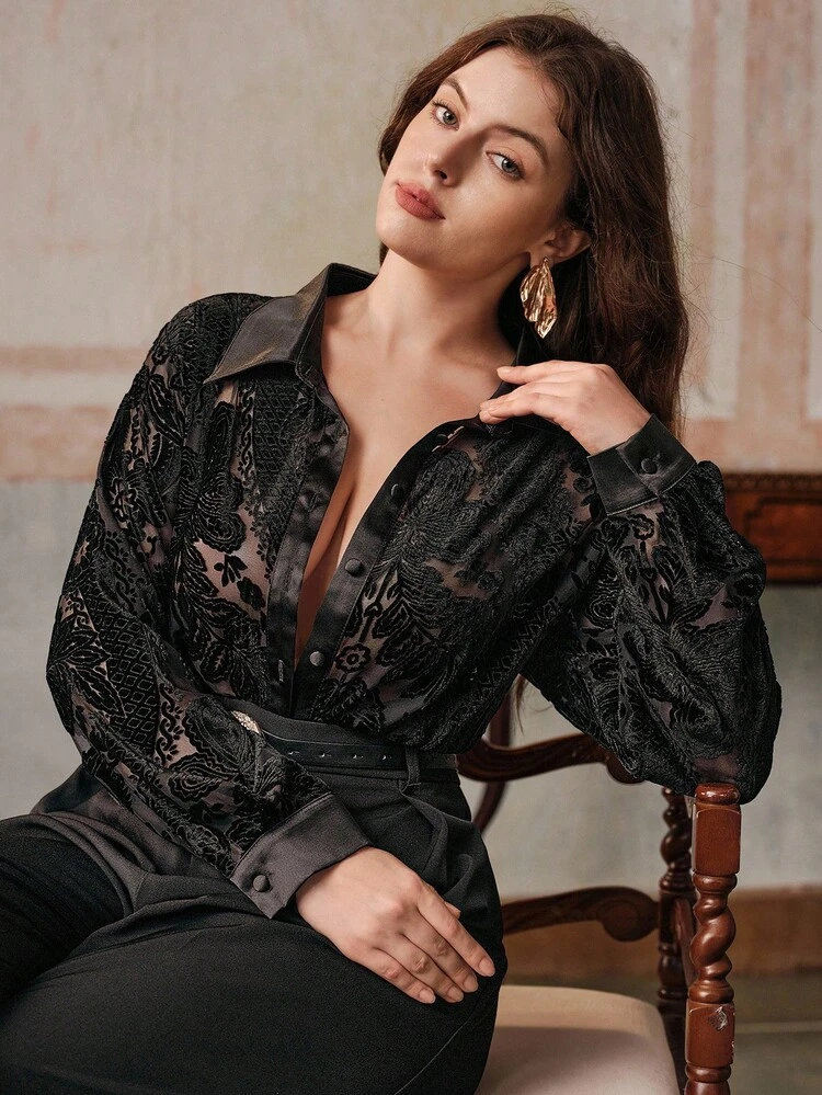 Blusa holgada de mujer talla grande con diseño de quemado de terciopelo, estilo retro casual, top negro, San Valentín