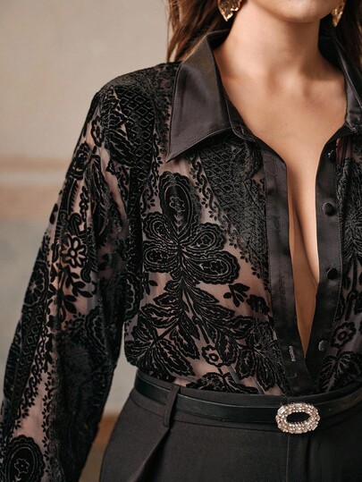 Anewsta Camisa holgada de mujer de talla grande con diseño de quemado de terciopelo, retro y casual, adecuada para otoño, invierno, salir, elegante, formal, chic, Año Nuevo, Navidad, graduación, boda, atuendo de negocios