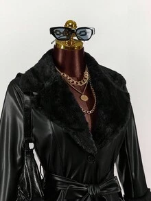 Amplova 纯色毛领拼接PU腰带PU夹克 - 黑色 - 查看 5