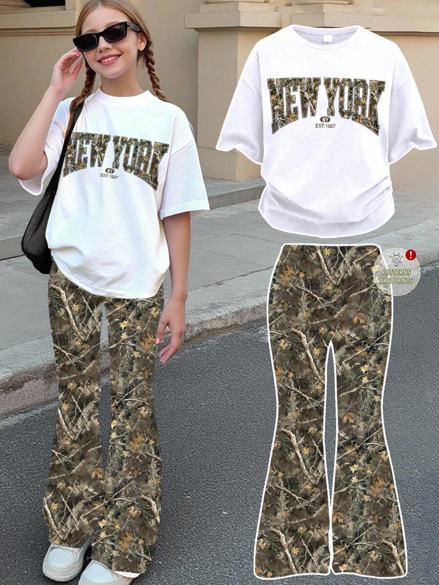 SHEIN Tween女孩休閒復古樹枝葉片印花,英文「NEW YORK」圖案,甜酷短袖上衣與長褲2件套,適合夏季,圖案T恤,街頭風,龐克,復古,返校服裝,度假穿搭,可愛,Kawaii,女孩套裝,Tween女孩服飾,女孩服飾,Tween女孩,返校,返校舞會,校服,休閒,Stitch,返校服裝女孩,女孩套裝,Old Money,哥德風,秋季穿搭 - 彩色 - 查看 1