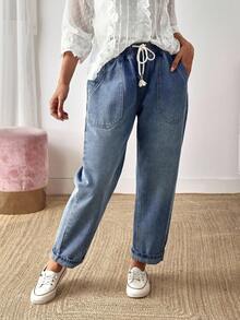 EMERY ROSE Mature Denim 女式休闲水洗抽绳腰牛仔裤 - 藍色 - 查看 3