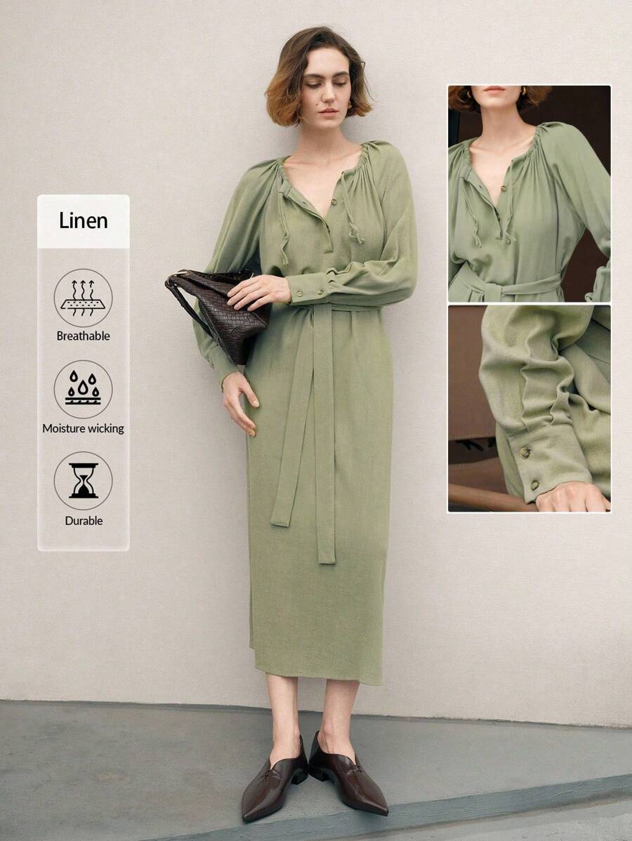 Uhlyne Women's Autumn Minimalist Loose Comfortable Cinched Waist Tie Long Sleeve Casual Commuter Green Linen Dress Shirt Fall Cloth For Women
