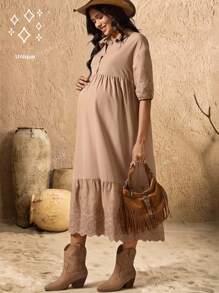 Boho Mama Locker sitzendes, lässiges Umstandskleid in Midi-Länge mit Unifarbe, einfach und bequem - Khaki - Übersicht 6