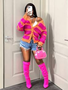 BamGleam Women's Long Sleeve Single-Breasted Casual Hollow Striped Knit Cardigan Fall Winter Cloth For Women