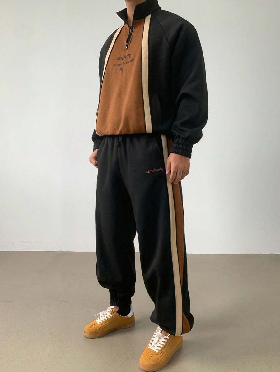 DAZY Conjunto de sudadera de media cremallera con bloques de color para hombre, otoño - Multicolor - Ver 1