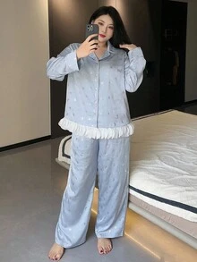 Dazy Plus 2 件大码女式蝴蝶结花卉拼布休闲宽松睡衣套装，秋季，秋装 - 淺藍色 - 查看 5
