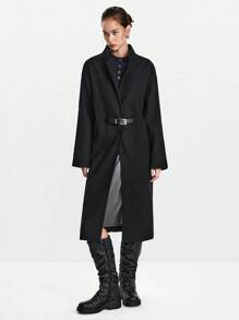 Lumivelle 绿色女式简约宽松腰带装饰长款羊毛大衣 - 黑色 - 查看 1