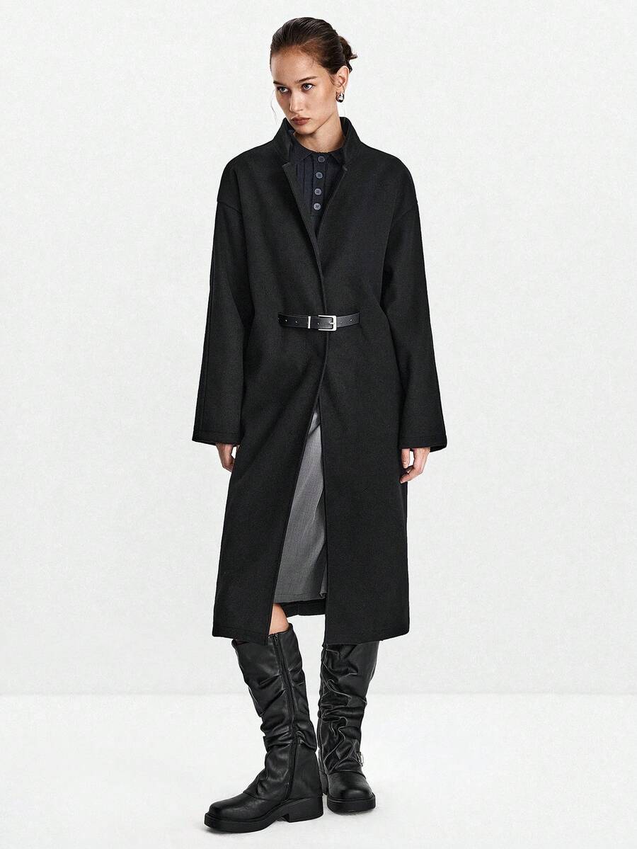 Lumivelle 绿色女式简约宽松腰带装饰长款羊毛大衣 - 黑色 - 查看 1