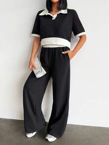 EURMUSE Women Polo Neck Top Tshirt And Contrast Belt Detailed Pant Two Pieces Set Halloween Fall Halloween Plus Size - Black and White - View 5