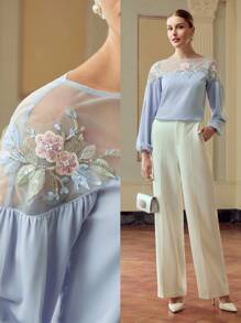 ZEYLAH 女士花卉刺绣网眼灯笼袖宽松优雅衬衫 - 白色 - 查看 1