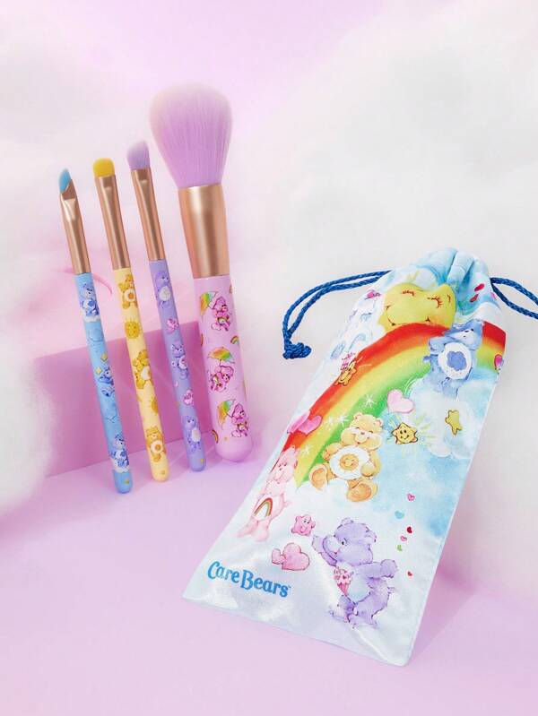 SHEIN X Care Bears Set de 5 piezas de brochas de maquillaje con diseño de dibujos animados, que incluye brocha para polvo + brocha pequeña para sombra de ojos + brocha grande para sombra de ojos + brocha plana para cejas + bolsa de almacenamiento, cerdas suaves, gran absorción y capacidad de mezcla de polvo, adecuado para principiantes para crear un maquillaje exquisito, Cheer Bear, Bear, Share Bear, Funshine Bear