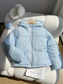 女童保暖连帽格子宽松棉服外套，适合寒冷的冬天 - 藍色 - 查看 4