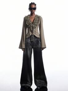 LYSMO 2025 New Arrive Minimalism Fall Women's Solid Color Multi-Layer Frill Trim Front Tie Long Sleeve Fashionable Blouse - Army Green - View 6