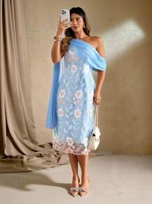 Roveilla Vestido midi de mujer talla grande elegante y romántico con cuello asimétrico bordado - Azul - Ver 5