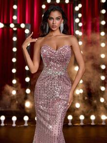 Glamrae Luxurious Beaded Bodice With Ruched Bust, Waist Handcrafted Embellishment, Adjustable Lace-Up Back, Mermaid Silhouette Formal Evening Gown (Heavy Embellished) - Dusty Pink - View 5