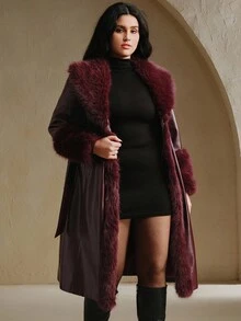 Anewsta 大码酒红色亮面皮革修身长款大衣，配腰带和可拆卸毛领，时尚新款秋冬外套 - 酒紅色 - 查看 6