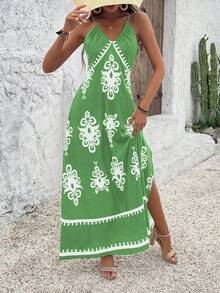 Breezaya Váy Maxi hở vai họa tiết hoa ngẫu nhiên cho kỳ nghỉ đi biển dành cho nữ - màu xanh lá - Xem 3