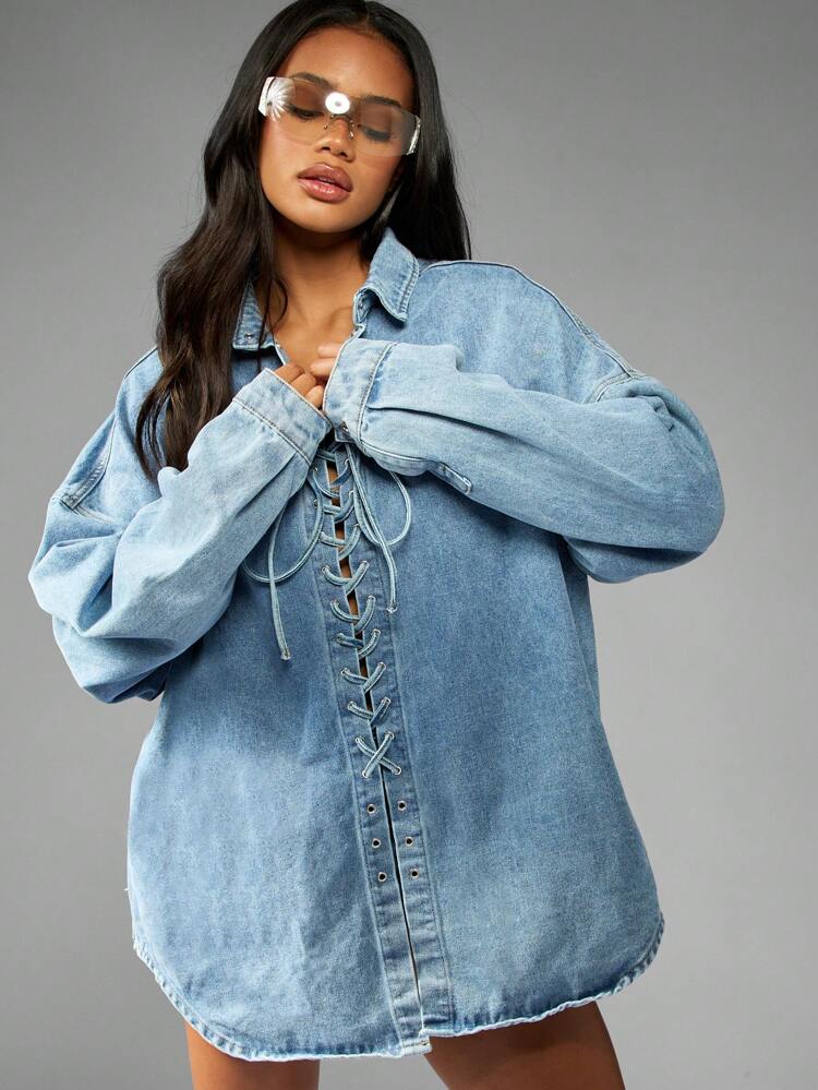MISSGUIDED Oversized Denim Shirt With Lace Up Front Detail Western Style Button Down Collar Long Sleeve Fall Winter Fashion Statement Piece Distressed Light Wash