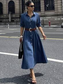 DAZY 女式夏季泡泡袖翻领收腰牛仔连衣裙 - 藍色 - 查看 4