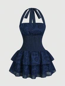 Sweetra Plus Size Women's Vacation Tie-Dye Embroidered Waist Drawstring Halter Casual Ruffle Hem Dress - Navy Blue - View 1