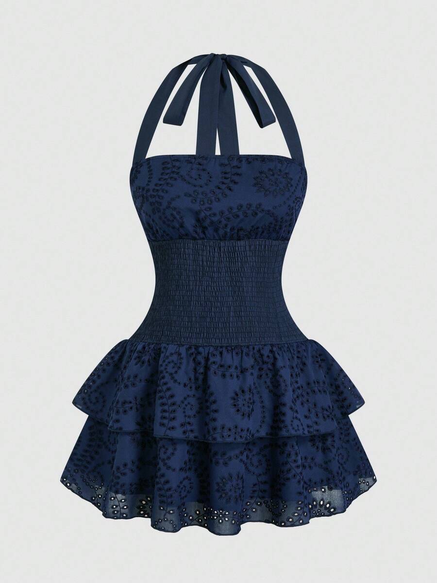 Sweetra Plus Size Women's Vacation Tie-Dye Embroidered Waist Drawstring Halter Casual Ruffle Hem Dress - Navy Blue - View 1