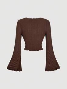 SHEIN MOD Women's Coffee Brown Square Collar Bell Sleeve T-Shirt,Fall Clothing,Halloween,Coffee Brown Bell Sleeves T-Shirt,Comfortable Long Sleeves,Going Out Tops,Fitted T Shirt,Tops With Sleeves,Brown Top - Coffee Brown - View 2