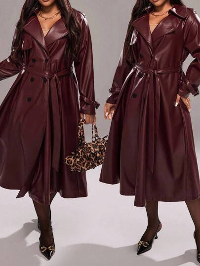 Rustia Plus Size PU Leather Collar Double-Breasted Belted Long Sleeve Jacket Fall Winter Cloth For Women Autumn CASUAL