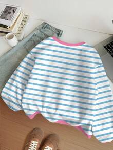 SHEIN Dopamine Stripe, Teen Girl Casual Minimalist Thick Soft "NEW YORK" Letter Loose Crew Neck Comfortable Long Sleeve Sweatshirt, Suitable For Autumn/Winter Daily Wear, Cozy Season, Autumn Outfits For Outing, Easy Comfort, Autumn & Winter Layers For Girls, Stylish Kids, Casual Wear, Kids Graphic Sweatshirt, Back To School, Fall Clothes, Homecoming, Chic Autumn, Fall New Style - Multicolor - View 2