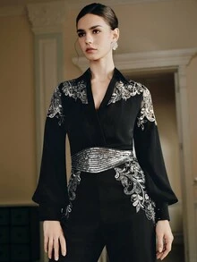 Anewsta 女式串珠性感修身衬衫和高端派对连体裤