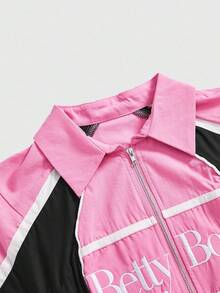 Betty Boop | ROMWE 女式拼色卡通人物图案拉链短袖衬衫 - 粉色 - 查看 3