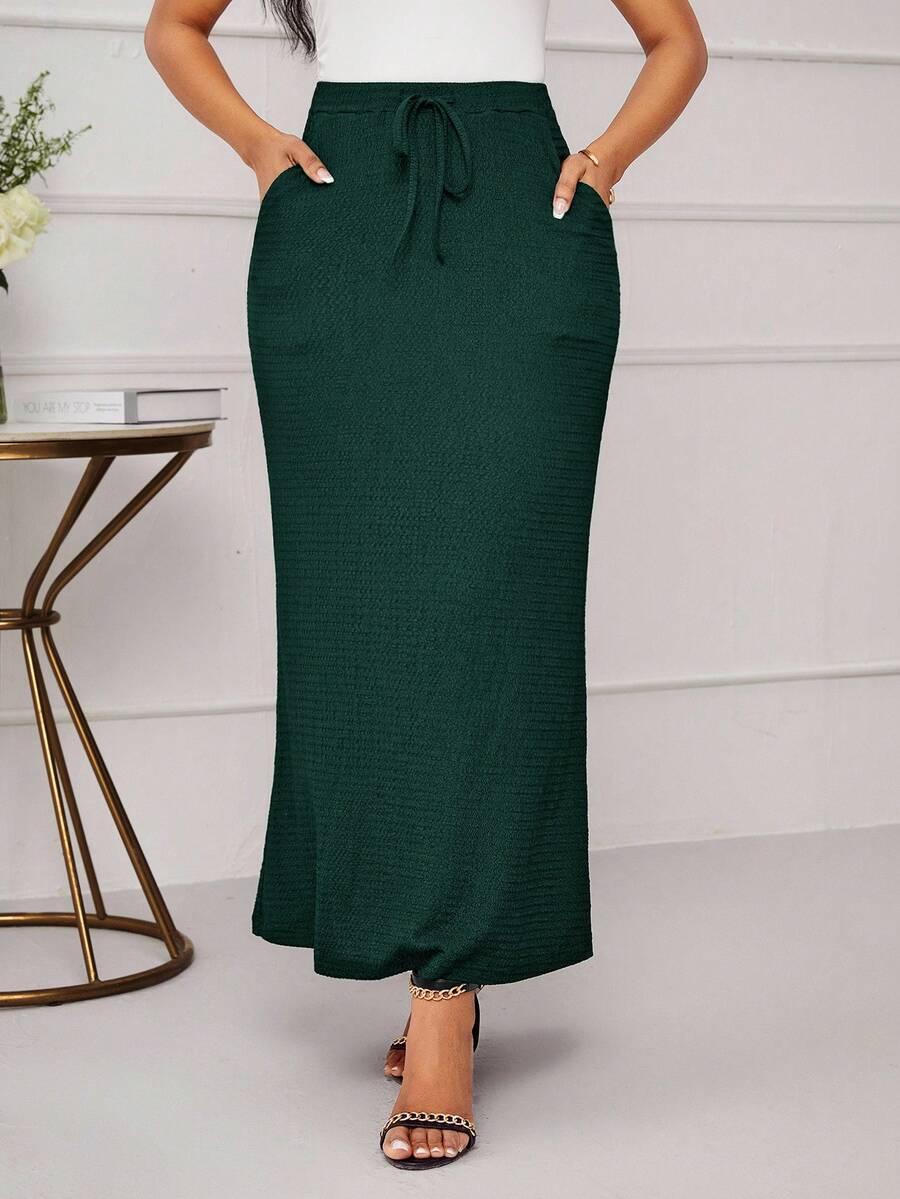 SHEIN Lady 2025 New Women's Dark Green Drawstring Waist Pocket Skirt, Elegant Christmas Women's Halloween Christmas Autumn & Winter Party Going Out Skirt Chic Women's Skirt Business Casual, Fall - Dark Green - View 1