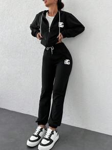 EURMUSE Cotton Letter Graphic Zip Up Bomber Jacket & Drawstring Waist Sweatpants - Black - View 5