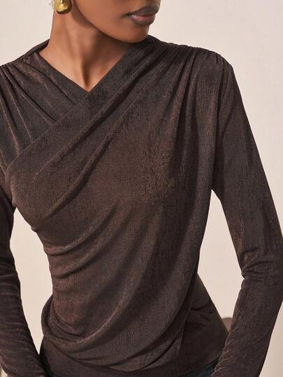 Zivah 2025 Autumn New Arrival, Suitable For Birthday Party, School Style, Daily Wear, Casual, Vacation, Cruise Travel, Beach, Sunbathing, Elegant, Commute, Business Casual, Cross V-Neck, Chest Ruffle Decor, Can Be Worn As Outerwear Or Undershirt, Shiny Fabric, Dark Red-Brown, Women Summer Top