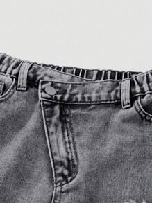 SHEIN Tween Girls' Y2K Distressed Jeans, Casual Street Style, Asymmetrical Waist, Soft & Comfortable, Light Wash Blue, Versatile All-Match Denim Pants, 2025 New Collection, Suitable For Daily Wear, All Season Fall Winter - Light Grey - View 4