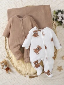 3pcs Newborn Baby Boy Long Sleeve Footed Romper & Blanket Set, Cute Bear Pattern, Woven Fabric Home Outfit Fall Winter - Multicolor - View 1